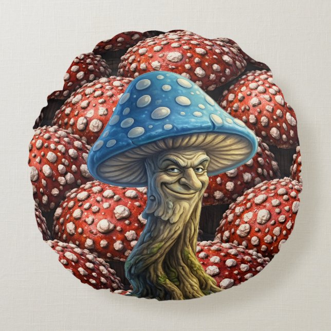 Blue wizard, mushroom whimsical forest fantasy round cushion (Front)