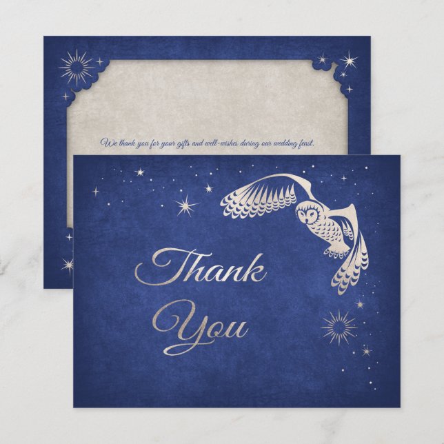 Blue Wizard Owl Stars Magic Wedding Thank You Card (Front/Back)
