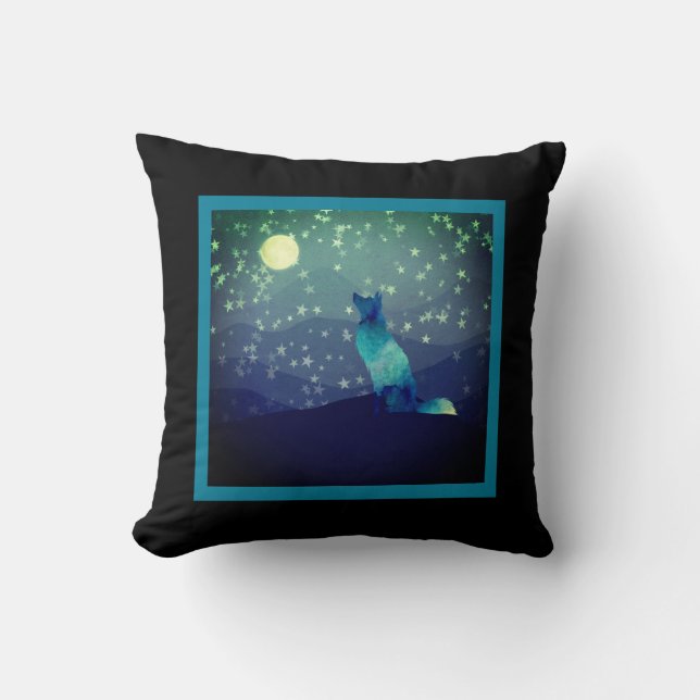 Blue Wolf Admiring Full Moon in the Mountains  Cushion (Front)