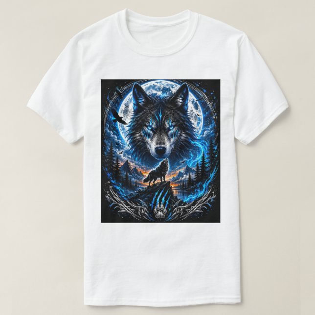 Blue Wolf Moon Fantasy Art T-Shirt (Design Front)