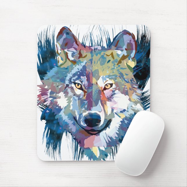 Blue Wolf Mousepad | Colourful Wolf Drawing (With Mouse)