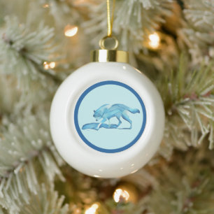Blue Wolf On Snow Ceramic Ball Christmas Ornament