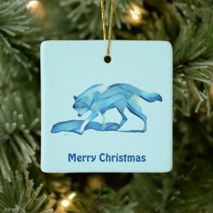 Blue Wolf On Snow Ceramic Ornament
