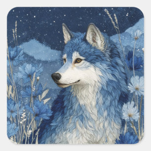 Blue Wolf Portrait Under Starry Night Sky Square Sticker