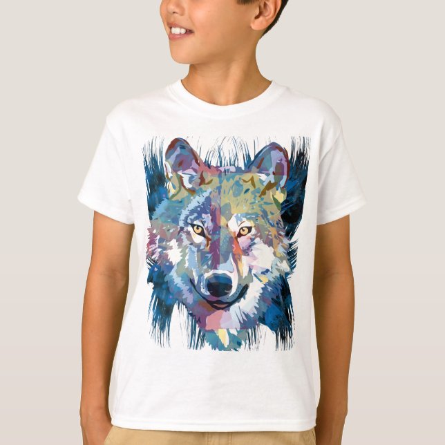 Blue Wolf T-Shirt | Colourful Wolf Drawing (Front)