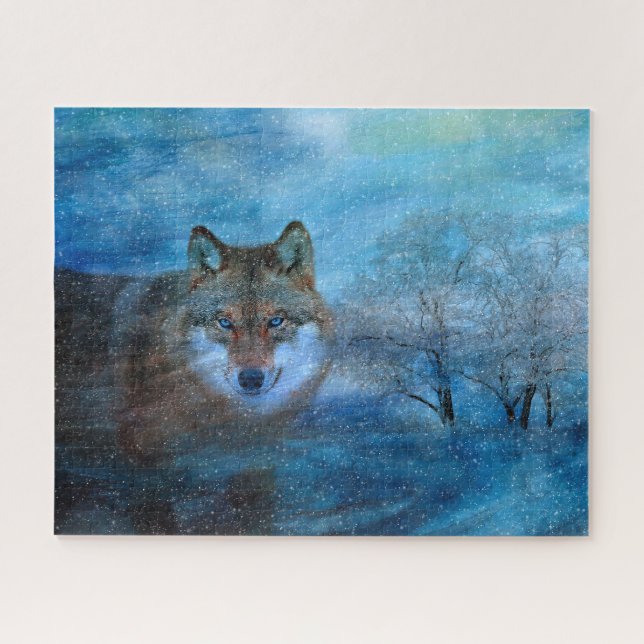 Blue Wolf Winter Forest Wildlife Painting Jigsaw Puzzle (Horizontal)
