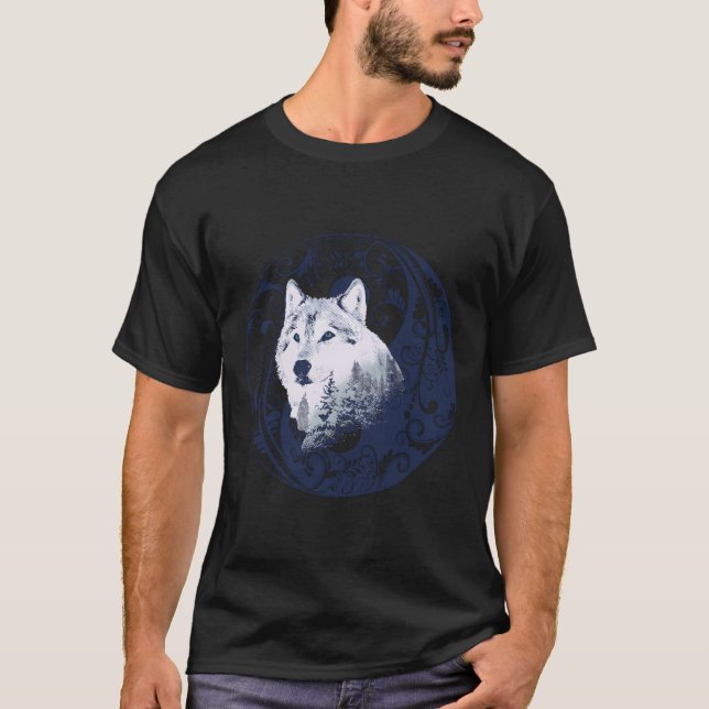 Blue Wolf Yin Yang Mandala Forest Nature Art Desig T-Shirt (Front)