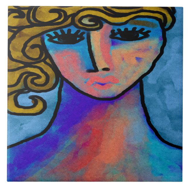 Blue Woman Abstract Digital Painting Tile (Front)