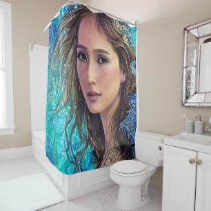 Blue Woman and The Waves   Abstract Art Shower Curtain