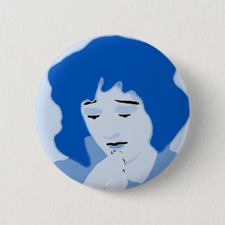 Blue woman swallowing mifepristone 6 cm round badge