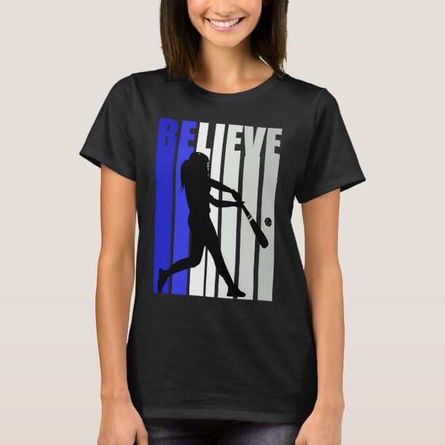 Blue Womens Believe Baseball Inspirational Softbal T-Shirt (Front)