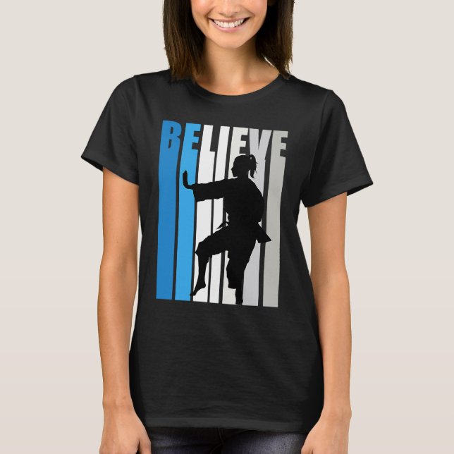 Blue Womens Believe Karate Motivational Retro Grap T-Shirt (Front)