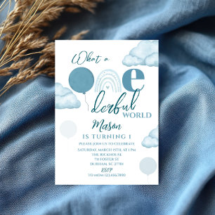 Blue Wonderful World First Birthday Invitation
