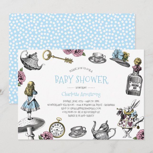 Blue Wonderland Baby Shower with Polka Dots Invitation (Front/Back)