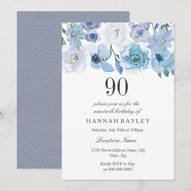 Blue Wonderland Grey Flower 90th Birthday Invite (Front/Back)