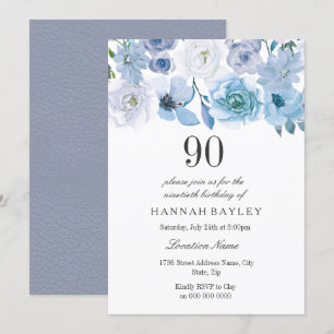 Blue Wonderland Grey Flower 90th Birthday Invite