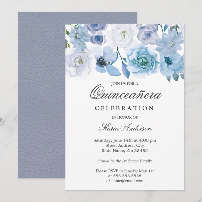 Blue Wonderland Grey Flower Quinceanera Invite (Front/Back)