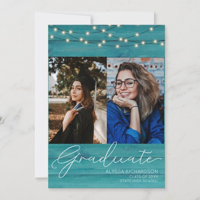 Blue Wood 2 Photo Handwritin Typography Graduation Invitation (Front)