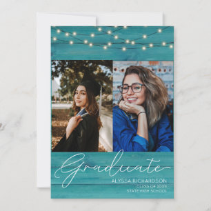 Blue Wood 2 Photo Handwritin Typography Graduation Invitation