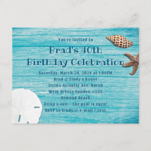 Blue Wood Beach Shells Party Invitation Postcard