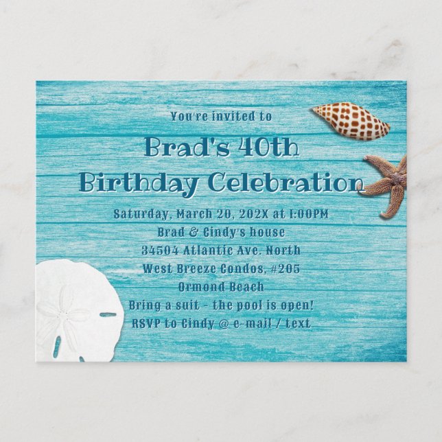 Blue Wood Beach Shells Party Invitation Postcard (Front)
