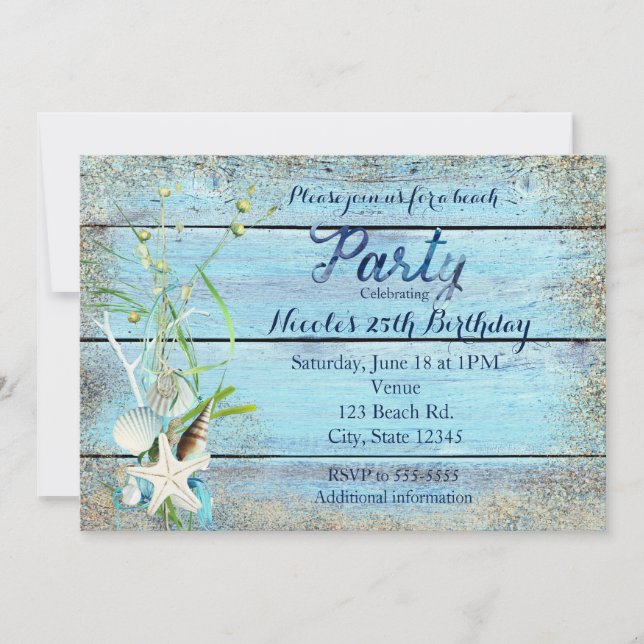 Blue Wood Beach Tropical Birthday Party Invitation (Front)