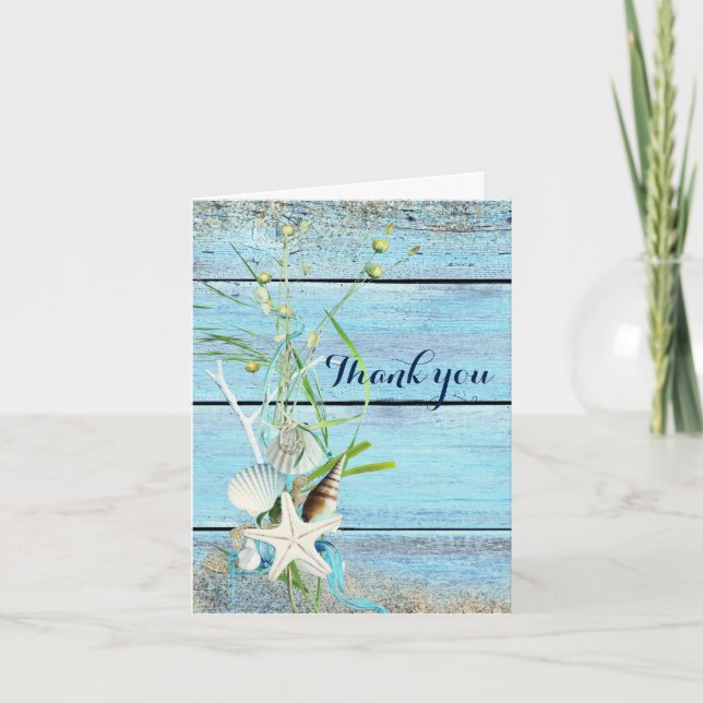 Blue Wood Beach Tropical Wedding Thank You Card (Front)