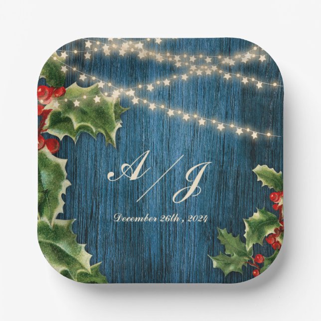 Blue Wood Berries Christmas wedding Party Paper Plate (Front)