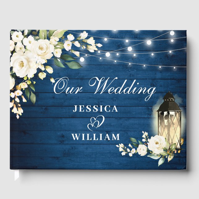 Blue Wood & Blush Roses Floral Rustic Wedding Guest Book (Front)
