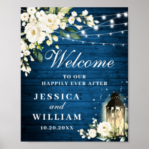 Blue Wood & Blush Roses Floral Wedding Welcome Poster
