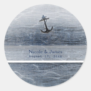 Blue Wood Elegant Nautical Beach Sea Engagement Classic Round Sticker