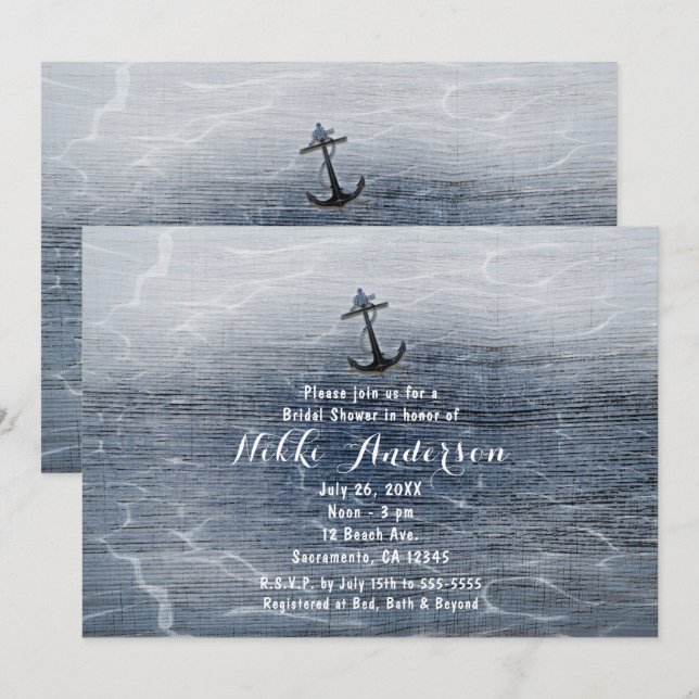 Blue Wood Elegant Nautical Beach Sea Invitations (Front/Back)