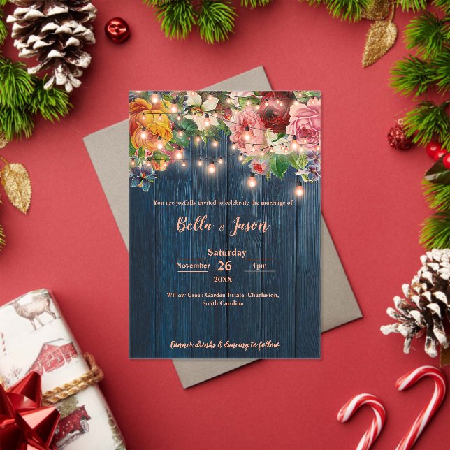 Blue Wood Floral String Lights Rustic Wedding Acrylic Invitations (Insitu (Holiday))
