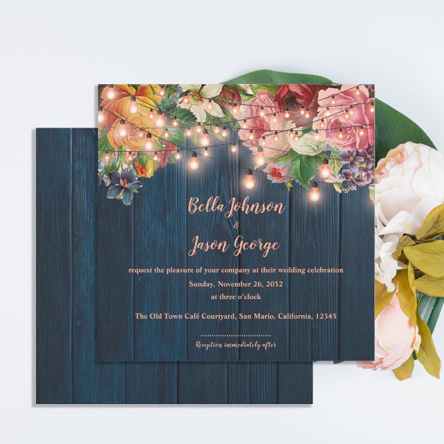 Blue Wood Floral String Lights Wedding Invitation (Blue Wood Floral String Lights Wedding Invitation)