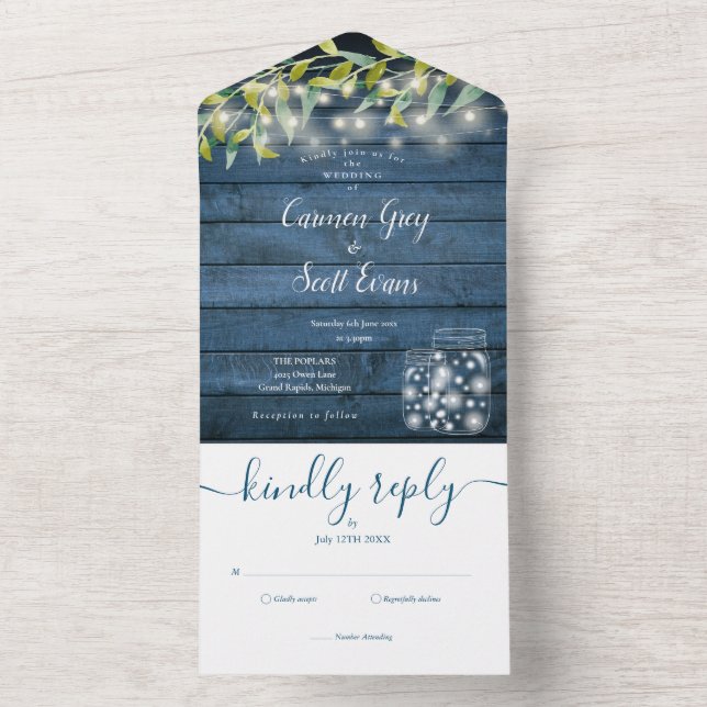 Blue Wood Foliage String Lights Mason Jars Wedding All In One Invitation (Inside)