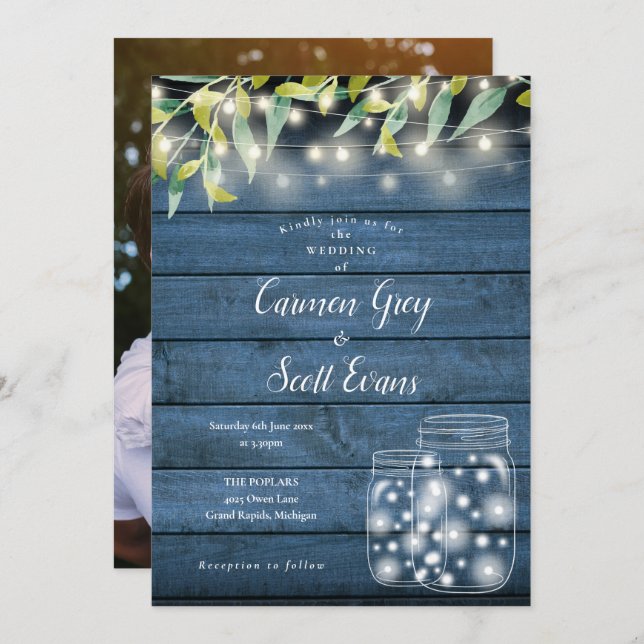 Blue Wood Greenery Mason Jar Lights Photo Wedding Invitation (Front/Back)