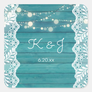 Blue Wood Jean Lace & String Lights Monogram Square Sticker