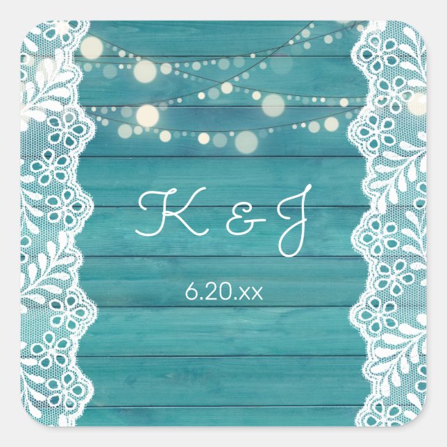 Blue Wood Jean Lace & String Lights Monogram Square Sticker (Front)