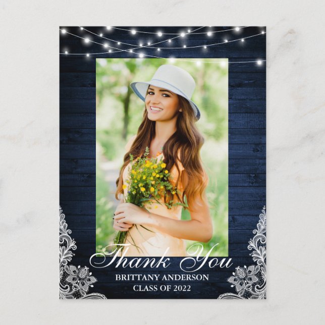 Blue Wood Lace Lights Photo Graduation Thank You Postcard (Front)