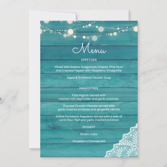 Blue Wood Lace String Lights Invitation (Front)