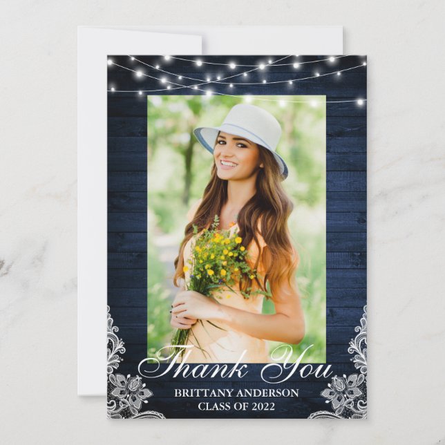 Blue Wood Lace String Lights Photo Graduation Thank You Card (Front)