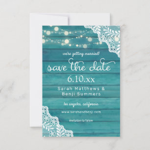 Blue Wood Lace & String Lights Save The Date
