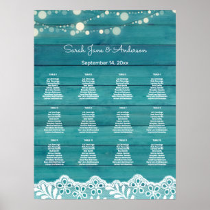 Blue Wood, Lace, String Lights Seating Chart