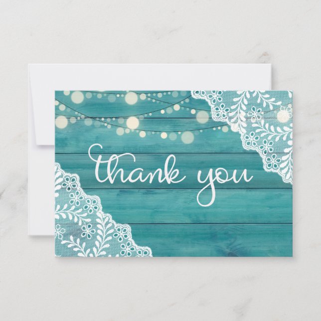 Blue Wood Lace & String Lights Thank You Card (Front)