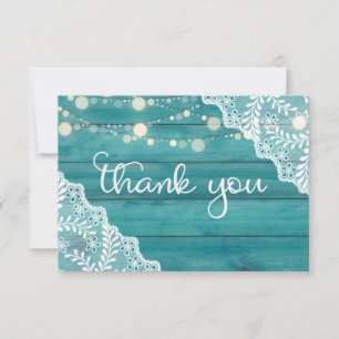 Blue Wood Lace & String Lights Thank You Card