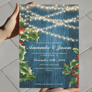 Blue Wood Light Berry Christmas wedding Invitation