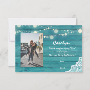 Blue Wood Lights Be My Bridesmaid? with Photo Invitation