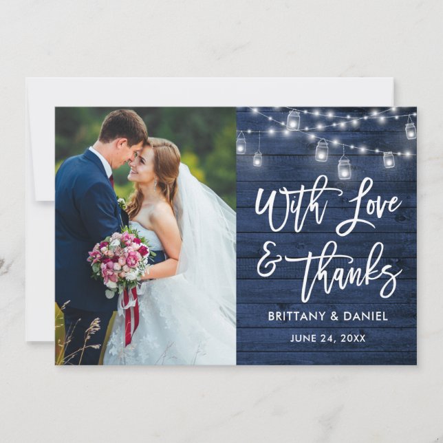 Blue Wood Lights Brush Script Love Thanks Wedding Thank You Card (Front)