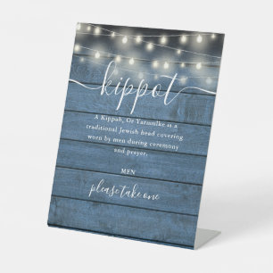 Blue Wood Lights Jewish Wedding Kippot Yarmulke Pedestal Sign
