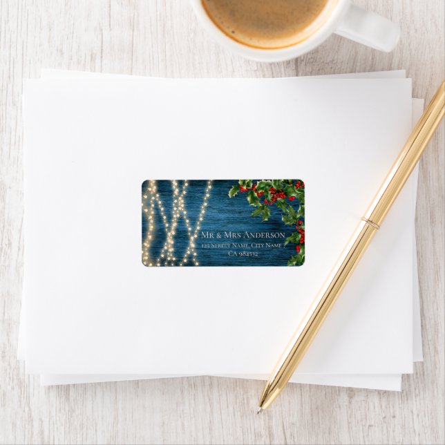 Blue Wood Lights Rustic Christmas Wedding Address  Label (Insitu)